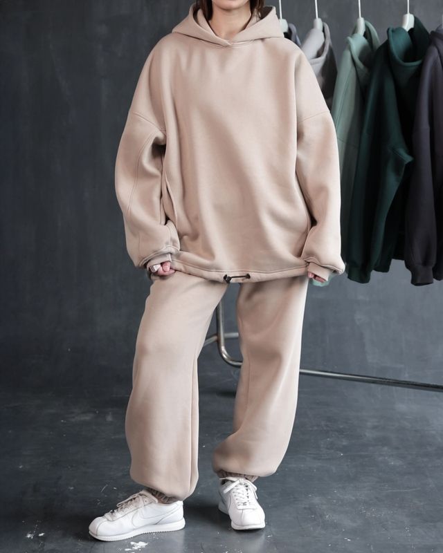 Теплый спортивный костюм из худи и джоггеров на флисе- Бежевый, S-M suit-jogger-hoodie фото