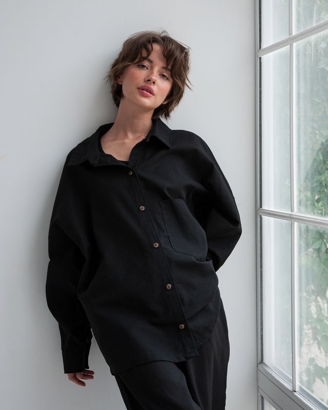Льняний костюм сорочка та звужені штани - Чорний, S-M complect-lipuchki-linen фото