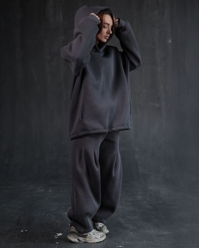 Спортивный костюм на флисе с худи и широкими штанами Baggy- Графит, S-M suit-baggy-hoodie фото
